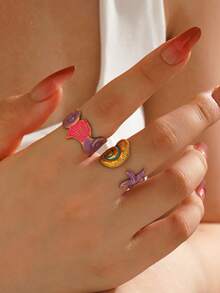 2pcs Stainless Steel Colorful Drip Oil Beach Vacation Style Ribbed Starfish & Shell Open Ring Set, Suitable For Women's Daily Beach Wear - Multicolor - View 4