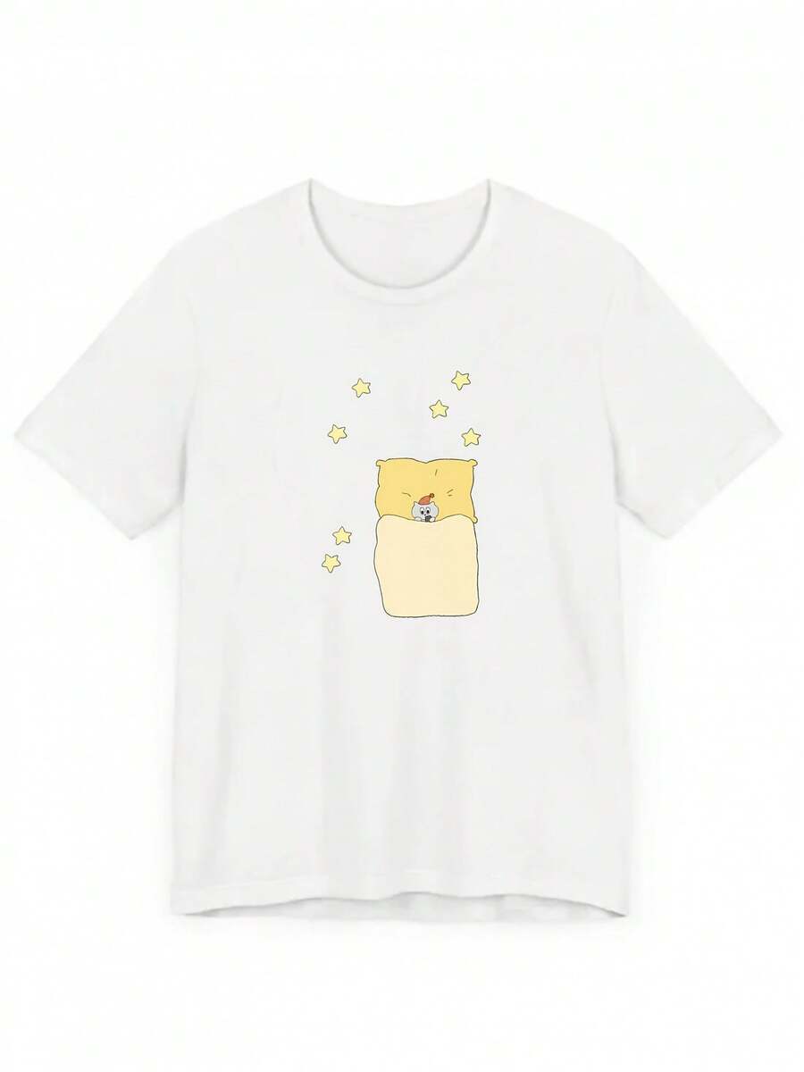 Goodnight Kitty, Cartoon Print, Short Sleeve, Women's T-Shirt, Casual, Elegant, Summer Clothing, Breathable Fabric. - 白色 - 查看 1