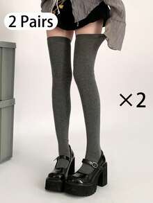 Solid Color Simple Style Warm Over The Knee Thigh High Socks For Autumn And Winter, Cozy - Grey - View 7