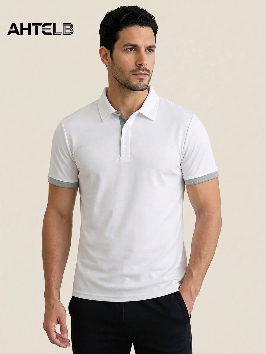 AHTELB Men's Summer Thin Casual Polo Shirt, Soft Elastic Fit White - White - View 1