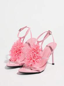 Sandales à talons hauts pour femmes, printemps été, soirée, fête, rassemblement, extérieur, mode haut de gamme, banquet, finition miroir, talon aiguille, bout pointu, fausse fourrure corail, décoration fleur 3D, glamour, sexy, cuir PU, anneau rond, fine bride, boucle, tissu miroir doux, élégant, ludique, mignon, rose, chaussures pour femmes, sandales élégantes, talons hauts décontractés - Rose bonbon - Voir 6