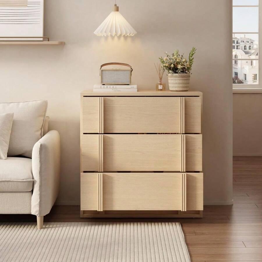 Modern Vertical Handle Bedside Table – 3/4/5 Drawers Wooden Bedside Cabinet – Space-Saving Storage for Bedroom, Living Room, Entryway – Natural Oak - Naturfarben, 3 Schubladen - Übersicht 1