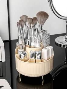 1pc White/Pink/Yellow 360° Spinning Pen Container, Desktop Storage Box For Makeup Brushes, Eyebrow Pencils And Stationery, Universal Organizer For Home Desk & Vanity, Multi-Grid Divided Easy Access, Luxury Metal Leg Table Decor - Multicolor - View 5