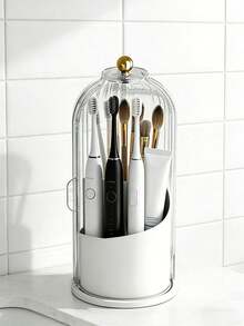 Multifunctional Rotating Storage Box With Sliding Cover Toothbrush Holder, 360° Rotating Storage Organizer, Dust-Proof Bathroom Vanity Storage Box, Multi-Compartment Storage For Toothbrushes, Toothpaste, Makeup Brushes And Other Items, Fashionable Storage Organizer, Fashionable Design With Transparent Door, Efficient Toothbrush Storage Rack, Perfect For Multiple Scenarios, Multi-Purpose Storage - Multicolor - View 6