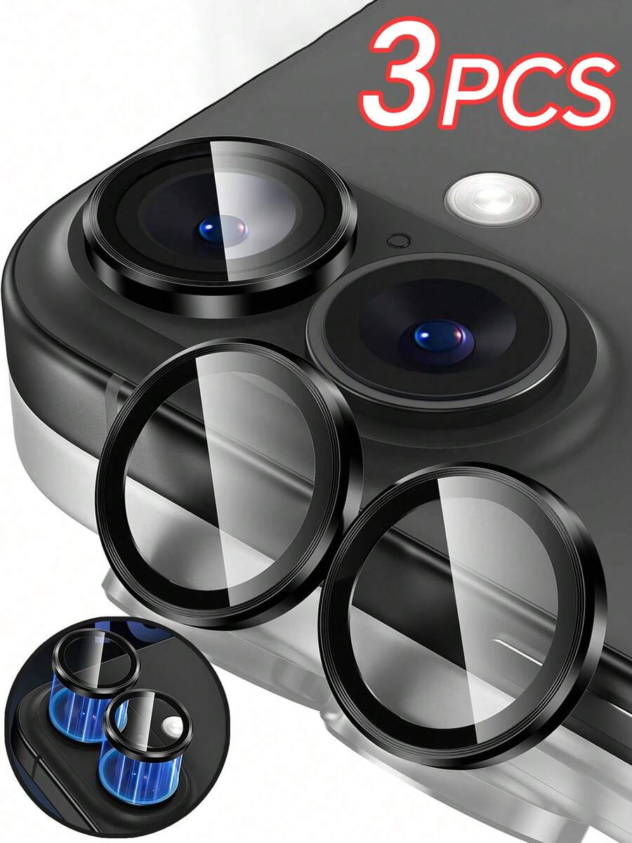 3片裝 Apple 18 Pro 18 Pro Max 17 16e 14 15 16 16plus Pro/Pro Max 相機鏡頭保護膜 金屬環 9H 硬度 防刮保護膜 時尚款 相容手機殼 (黑色) - 黑色 - 查看 1