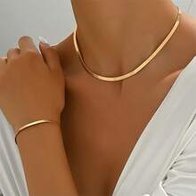 2Pcs High-Quality Hypoallergenic Stainless Steel Women's Choker Necklace & Bracelet Set, KC Gold Plated Anti-Fade, Minimalist Flat Snake Chain, Comfortable & Versatile, Simple & Elegant, Suitable For Daily Wear Or Party, High-Quality Fashion Women's Jewelry Accessories, Perfect Gift For Anniversary, Valentine's Day, Best Gift For Women - Multicolor - View 8