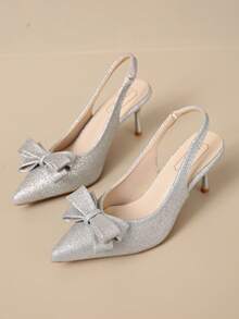 JABOOLINX Spring/Summer Women's One-Strap Buckle Bow Pointed Toe High Heel Sandals, Commuter Versatile Suede Closed Toe Pumps - Silver - View 7
