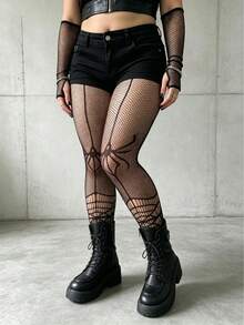 1 Pair Women's Spider Print Fishnet Socks, Suitable For Punk And Gothic Styles - Multicolor - View 8