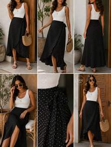Women's Long Wrap Skirt In Viscose Linen With Tie Detail – Style And Comfort – One Size - 黑色波點 - 查看 2