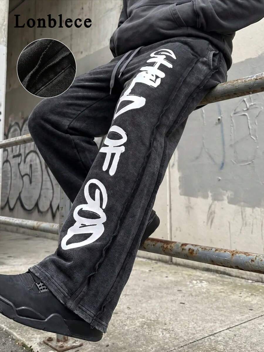 Lonblece Men's Washed Distressed Wide Leg Sweatpants, American Graffiti Letter Print, Heavyweight Drawstring Loose Straight Leg Pants - Black - View 1