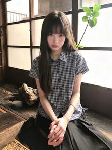 韓系街頭風夏季抽繩顯瘦格紋短袖襯衫 - 藍色 - 查看 2