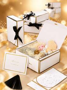 10pcs Magnetic-Closure Gift Box With Platinum Trim, Featuring A Black Satin Ribbon And A White Greeting Card; Foldable Rigid Gift Box Perfect For Weddings, Bridesmaid Invitations, Birthdays, Valentine's Day Gift - Platinum - View 7