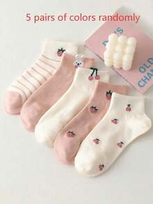 1/5 /10Pairs Women's Non-Slip Short Socks With Pink Cherry And Strawberry Patterns, Suitable For All Seasons - Multicolor - View 14