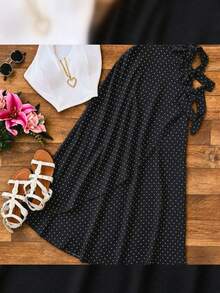 Women's Long Wrap Skirt In Viscose Linen With Tie Detail – Style And Comfort – One Size - 黑色波點 - 查看 3