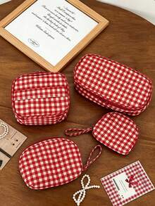 1pc/Set Vintage Red Plaid Mini Makeup Bag, Multi-Compartment Portable Cosmetic Storage Bag, Handheld Lipstick Organizer, Suitable For Travel And Daily Use - Red - View 3
