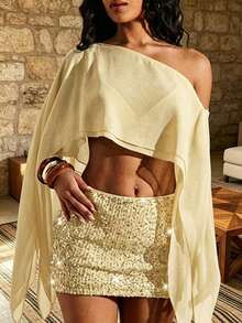 2026 Summer Women's Sexy Off-Shoulder Asymmetric Draped Sleeve Chiffon Cropped Top, Essential For Party, Date, Vacation - Yellow - View 7