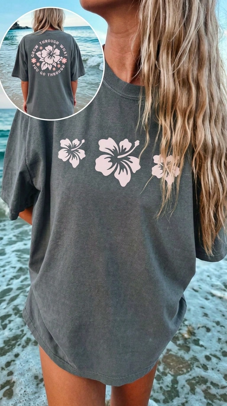 Summer TopsWomen Y2k Oversized Graphic Tees Floral Print Short Sleeve Crewneck T Shirts Loose Fit Summer Tops For Teen Girls Aesthetic Clothes 2000s - 木炭 - 查看 1