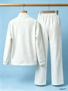 Solid Color Zipper Long Sleeve Multi-Pocket Set, Casual Sports Outfit White Fall - White - View 3