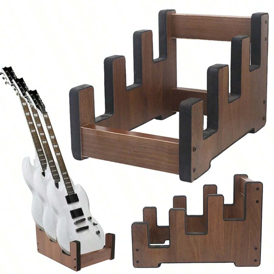 Multi Guitar Stand Wooden Rack Holds 3 Electric Bass Guitars For Stage Studio - Brown - View 1