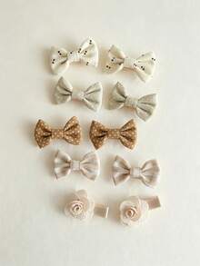 Kids Neutral Vintage Fabric Bow Hair Clips 10Pcs Barrettes Set - Multicolor - View 5