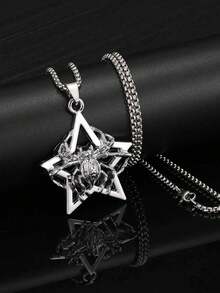 1pc Halloween Gift European Gothic Spider Pendant Necklace With Pentagram, Vintage Punk Oversized Extra Long Stainless Steel Chain, Unisex Daily Sweater Chain - Silver - View 3