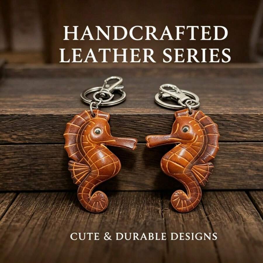 Genuine Leather Seahorse Keychain, Unisex, Handmade Cowhide Ocean Animal Bag Charm, Vintage Ocean Theme Pendant, Retro Car Key Ring Accessory, Creative Birthday Gift, Friend Anniversary Gift, Summer Beach Souvenir - Haima - View 1