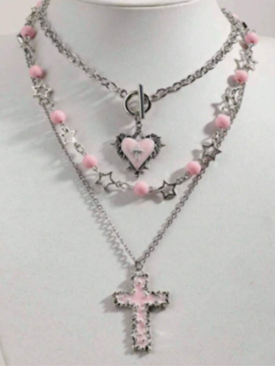 European & American Gothic Style Multi-Layer Cross Necklace, Vintage Black Bead Layered Choker, Niche Luxury Personalized Accessory - Pink - View 1
