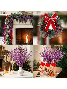 100/50pcs Purple Artificial Berry Stems, Glitter Beaded Faux Flower Branches For Wedding Party Decoration, Suitable For Home Living Room, Dining Table, Small Vase Decor, DIY Wreath Handmade, Bridal Bouquet Accessories, Autumn Decoration Supplies - Purple - View 6