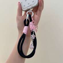 1pc Y2K Iridescent Butterfly Smart Phone Wrist Strap, Thick Braided White & Pink Contrast Color Hand Rope, Acrylic Heart Phone Shoulder Strap Charm, Sweet Versatile Daily Phone Accessory - Multicolor - View 7