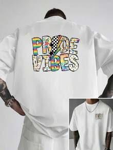 Camiseta T-shirt Masculina Ombro Descaído, Vibes Pride,Arco-Íris, T-shirt Masculina de Corte Larga, Novo Estilo Trendy de Roupa Masculina, para Desporto Casual Diário - Branco - Visão 2