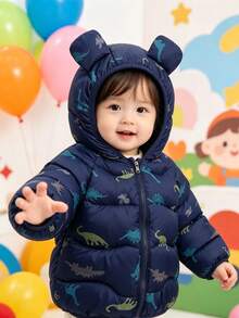 Jaket Musim Dingin Bayi Laki-laki Modis Lengan Panjang dengan Resleting dan Tudung, Motif Kartun - Navy Blue - View 6