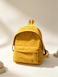 1pc Yellow Nylon Casual Minimalist Style Sports Outdoor Multi-Pocket Comfortable Shoulder Strap Zipper Closure Large Capacity Foldable Water-Resistant Backpack (No Pendant) Suitable For Spring/Summer Hot-Selling Model, Suitable For Students, Can Be Used For Campus, Commuting, Outdoor Travel, Also As A Holiday Gift, Can Hold Books, Pencil Case, Makeup Bag, Makeup Box, Etc., Suitable For Home, Gift, Vacation - Yellow - View 3