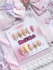 10pcs Handmade Medium Almond Shape Classic French Pressed Flower False Nails, Gold Beads With Hand-Carved Floral Design, Pink Yellow Solid Color, Red Gold Pink Polka Dot Pattern, Suitable For Party, Dance, Daily Wear, Comes With Tool Set, Perfect Gift For Women And Girls - Multicolor - View 6