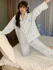 2pcs Women's Pajama Set, Popular Fashion Cute Puppy Print Open Front Lapel Long Sleeve Long Pants, Suitable For All Seasons - Sky Blue - View 7
