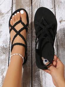 Women's Woven Strap Toe-Clip Beach Style Flat Sandals,Comfortable Casual Sandals Sandals For Women Elegant  Beach Sandals For Women - Black - View 2