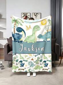 Personalized Cartoon Dinosaur Flannel Blanket With Custom Name, Palm Tree & Cloud Print Soft All-Season Throw For Sofa, Ideal Gift For Kids, Family - Multicolor - View 3