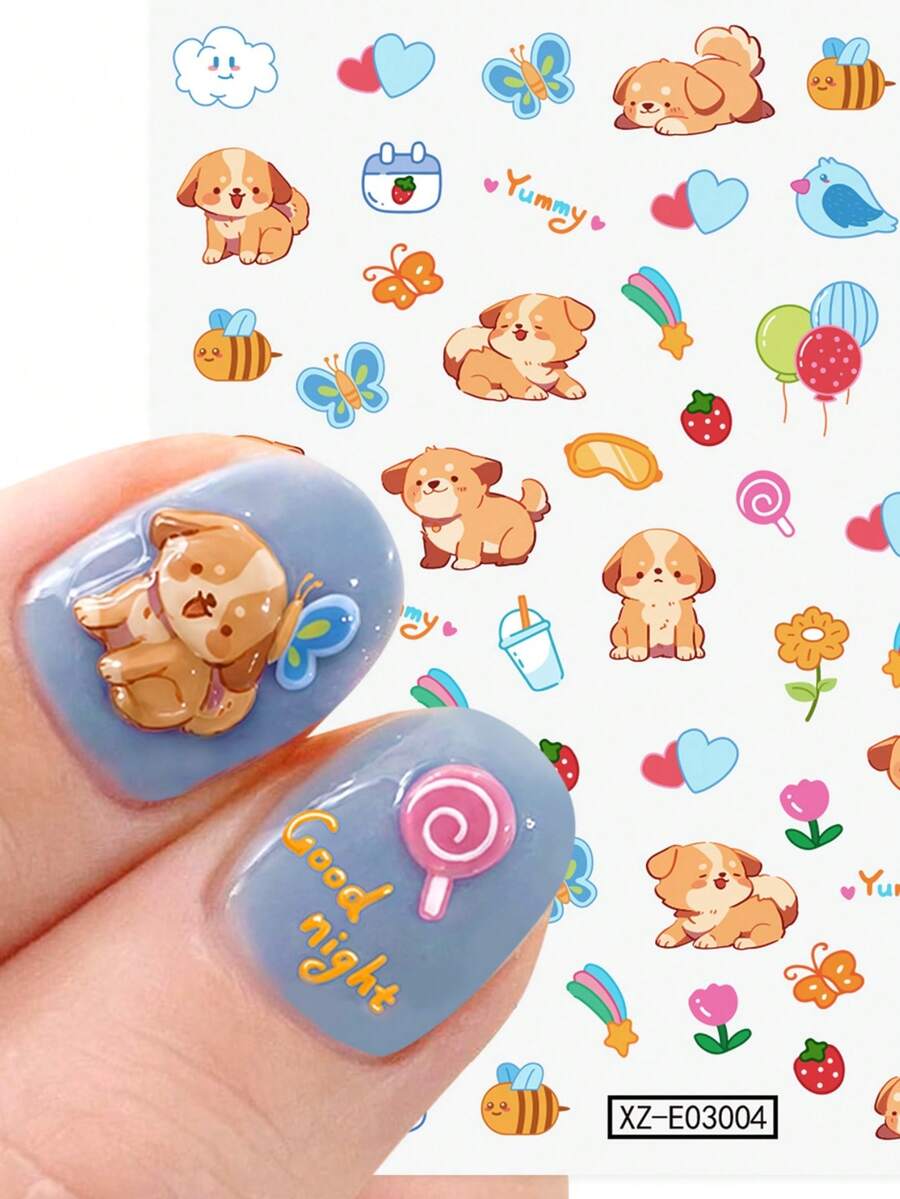 1pc Cute Cartoon Dog Nail Art Stickers Kawaii Graffiti Line Puppy Flower Design Nail Decals Self-Adhesive Lovely Dog Manicure Decoration For Women Girls
