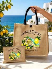 Bolsa de lino con estampado creativo de limón & letra, bolso de compras cuadrado amarillo, bolsa de almacenamiento casual de gran capacidad, bolsa reutilizable para comestibles para hombres & mujeres maestros, bolsa organizadora, bolsa de maquillaje, bolsa de playa para trabajo, viaje & uso diario, bolsa de hombro ligera con bolsillo para monedas, diseño novedoso, regreso a la escuela, graduación, Día de la Madre, Día de San Valentín, regalo de cumpleaños - Multicolor - Ver 4