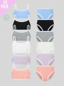 12Pcs Girls Underwear Set Solid Color Elastic Cotton Breathable Girls Tank Top & Triangle Panties Set - Multicolor - View 7