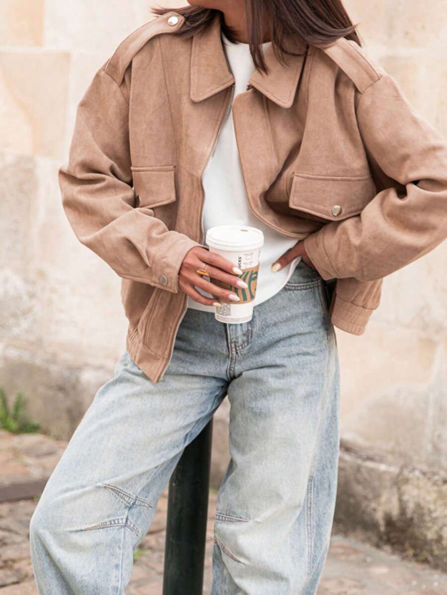 Middle-Aged Women Camel Faux Suede Lapel Jacket, Loose Drop Shoulder Short Casual Spring/Autumn Versatile Top - Camel - View 1