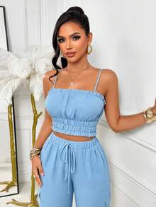 AIJ Women's Casual Elegant 2 Pieces Set, Spaghetti Strap Cropped Top With Drawstring Cargo Pants, Non-Stretch Fabric, Backless Ruffle Detail, Fashion Style, Lightweight And Breathable Fabric - Sky Blue - View 9
