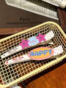 2pcs Cute Cartoon HAPPY Hair Clips, Versatile Bangs Alligator Hair Clips, Girly Star Hair Accessories Hairpins - Multicolor - View 4