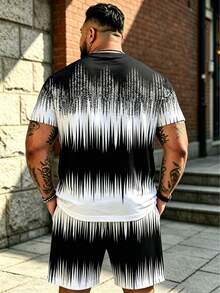 2pcs/Set Summer Men's Big & Tall Plus Size Set, Black & White Gradient Ripple Print Top And Shorts, Fashionable High Street Casual Outfit Sports - Black and White - View 2