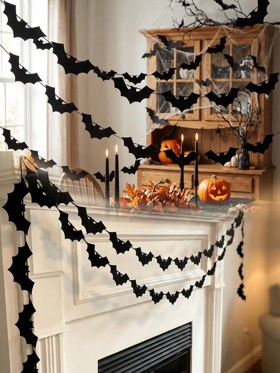 1/3/7pcs Black Glitter Bat Garland Banner, Halloween Spooky Bat Bunting, Suitable For Haunted House, Fireplace Mantel, Home Indoor Party Decoration - Multicolor - View 1