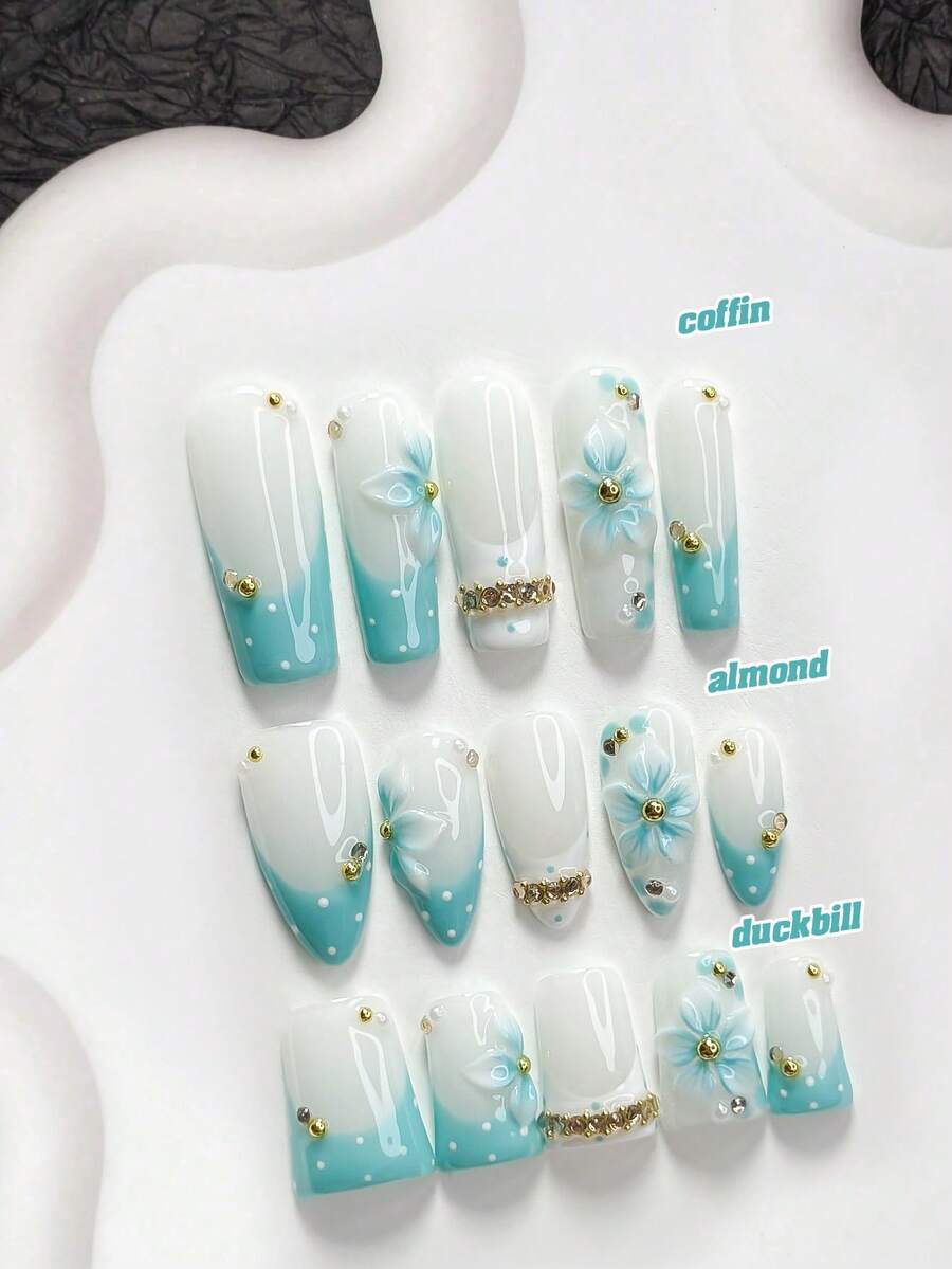10片裝清新夏季風手工穿戴甲,Polygel美甲套組,花卉與水鑽、波點、珍珠設計,白色與藍色指甲油,時尚風格,附美甲工具,3種尺寸可選,杏仁形、鴨嘴形、棺材形,適合派對、跳舞、日常配戴 - 彩色 - 查看 1