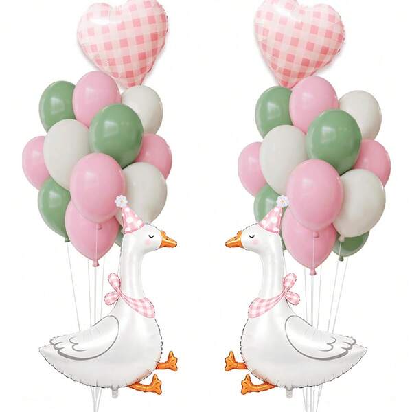Set de 35 piezas de decoración de cumpleaños de ganso tonto, globos de lámina con lazo de ganso rosa, globos de látex rosa, salvia y blanco para fiesta de primer cumpleaños de niña, decoraciones de baby shower de ganso, suministros para fiesta de ganso de granja
