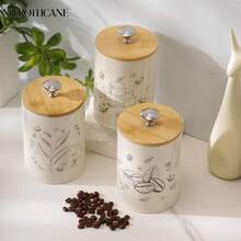 Myrothcane 3Pcs Vintage Cream Metal Canister Set With Bamboo Lids, Coffee Sugar Tea Printed Airtight Storage Jars, Farmhouse Kitchen Counter Dry Food Container Organizer - White - View 2