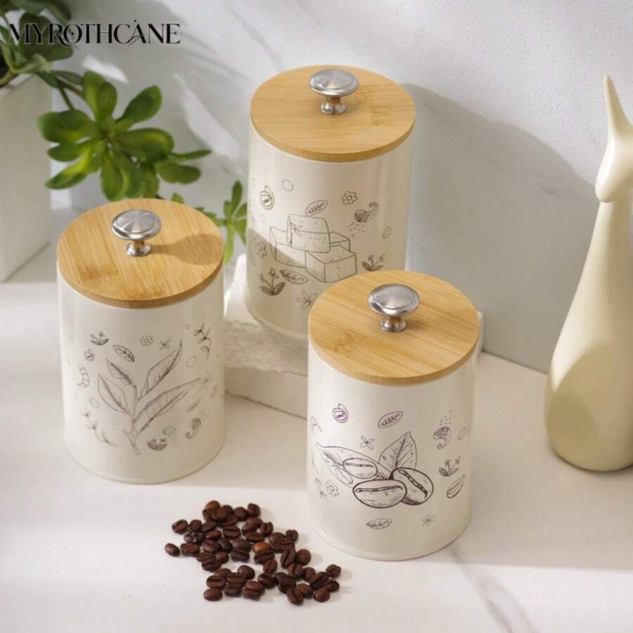 Myrothcane 3Pcs Vintage Cream Metal Canister Set With Bamboo Lids, Coffee Sugar Tea Printed Airtight Storage Jars, Farmhouse Kitchen Counter Dry Food Container Organizer