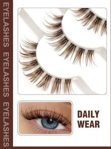 7 Pairs Reusable Brown Cartoon Style False Eyelashes, Transparent Band Natural Long Full Strip Faux Mink Lashes, Natural Criss-Cross End Lash Extensions, Create Dramatic Eye Makeup, Suitable For Beginners Easy To Apply - 棕色 - 查看 2