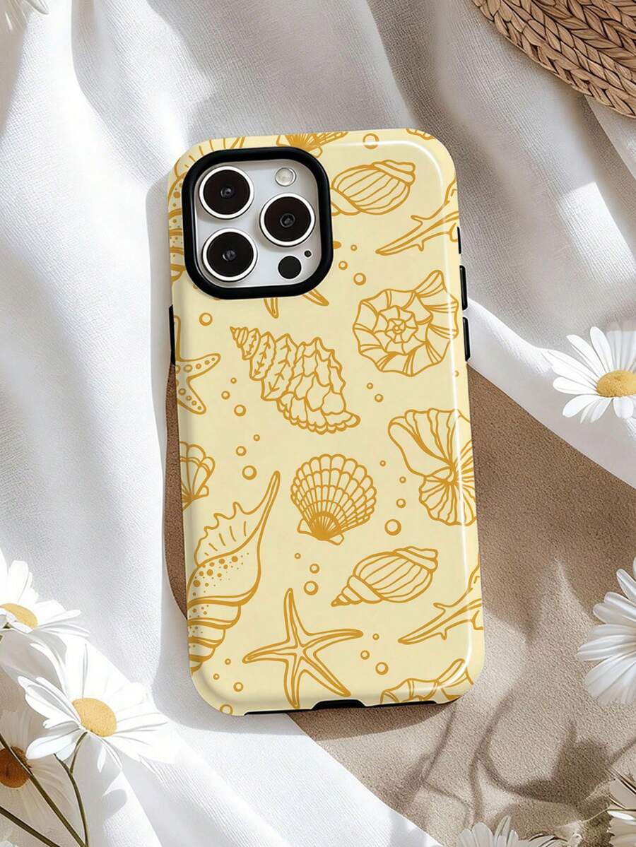 1pc Energetic Girl Style Line Drawing Ocean Shell Vacation Pattern Glossy 2-In-1 Film Full Coverage Hard Phone Case Compatible With Samsung/ 11/12/13/14/15/16/17 Pro Max - Multicolor - View 1
